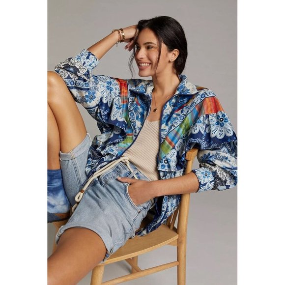 Anthropologie Farm Rio Blue Palms Windbreaker Jacket Size XS NWT - Picture 2 of 7